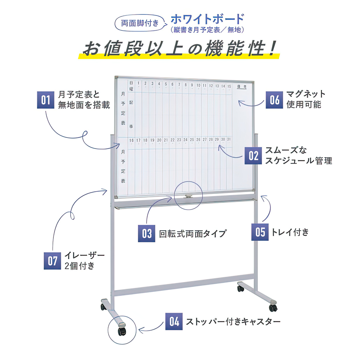 マジシリーズ 両面脚付ボード 片面タテ書き月予定表 片面無地 スチール