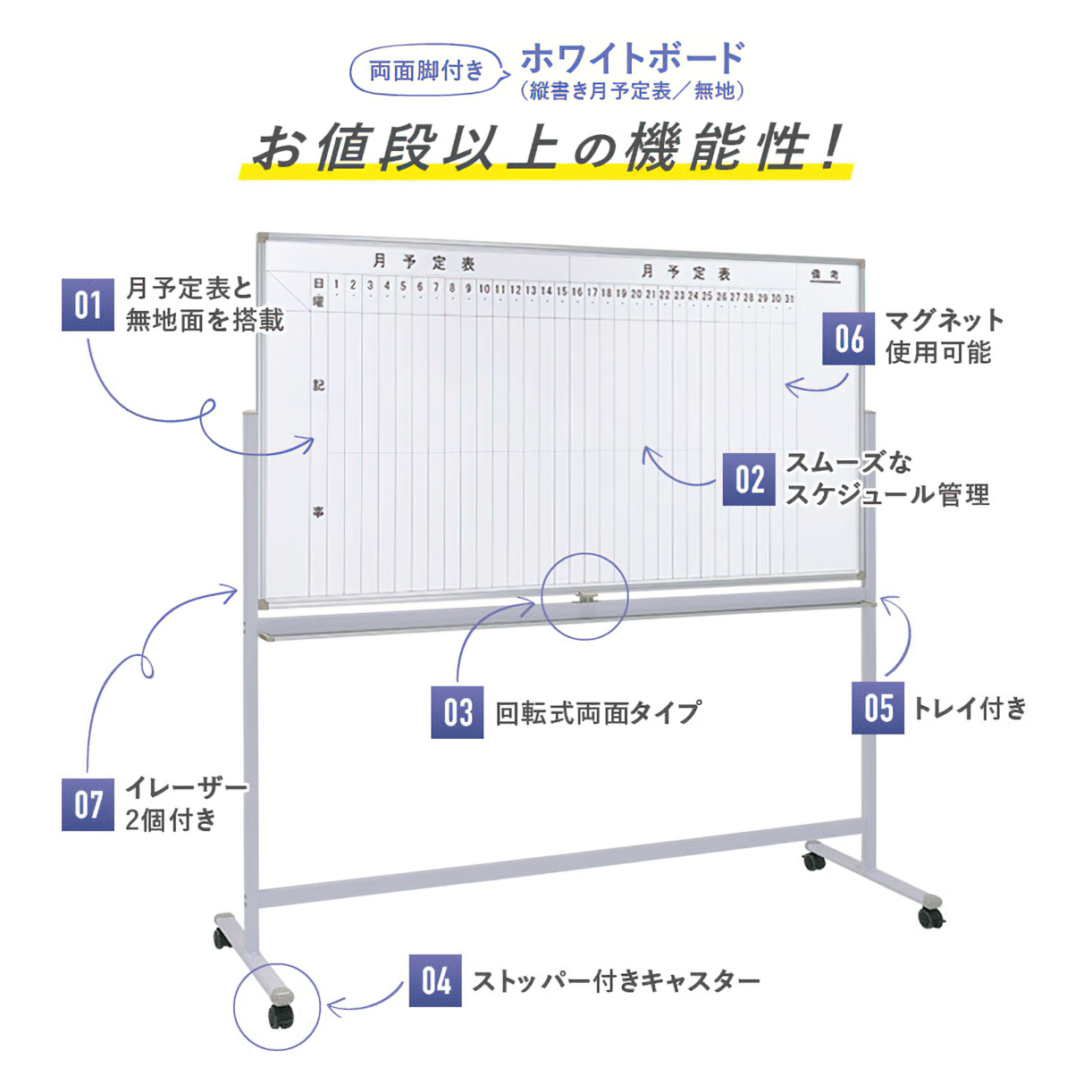 両面脚付きホワイトボード 月予定 縦書き/無地 幅1800 高さ905 WS