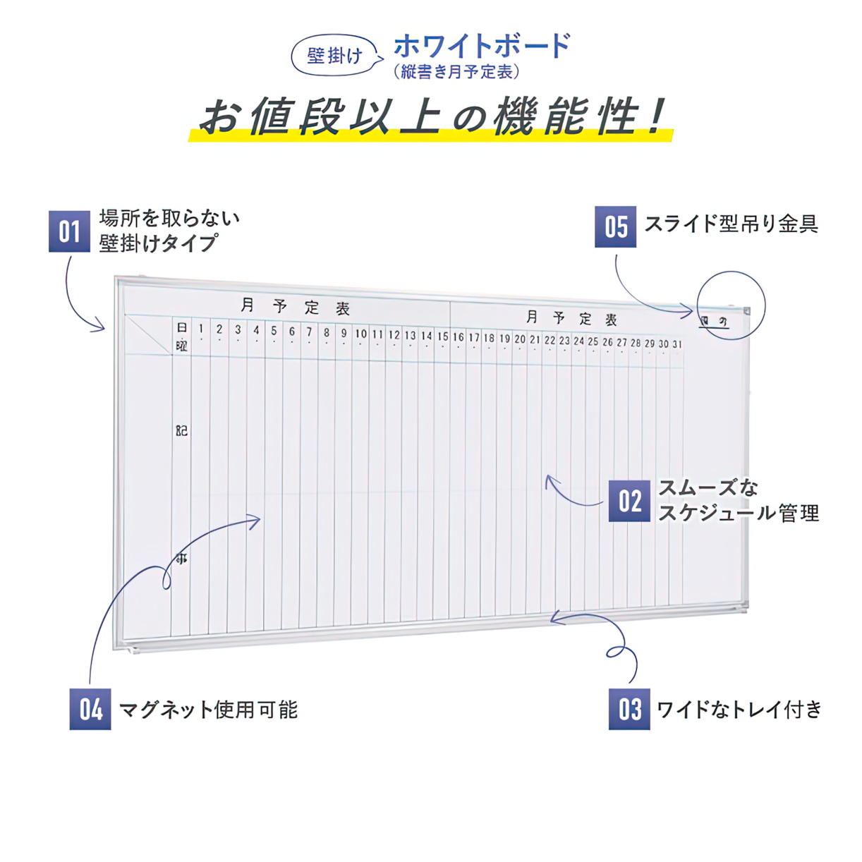 壁掛けホワイトボード 月予定 縦書き 幅1800 高さ905 WSK-1890V 通販 ホワイトボード・掲示板 オフィス家具のカグクロ