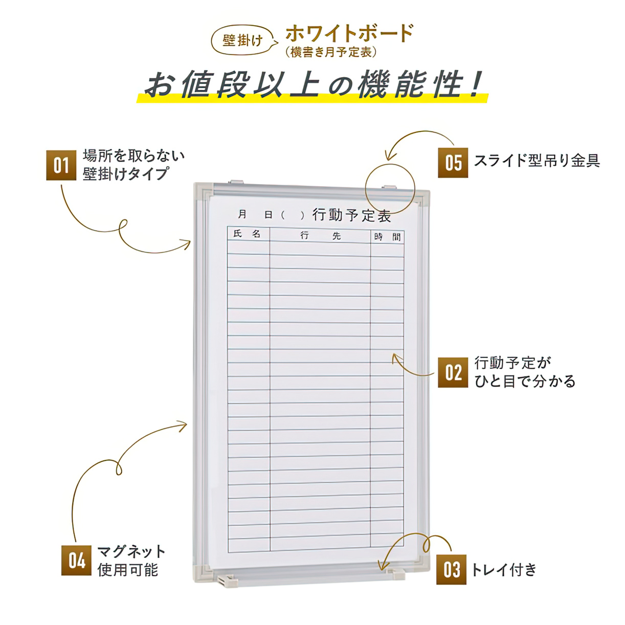 壁掛けホワイトボード 行動予定表 幅350 高さ600 WSK-3560 通販 ホワイトボード・掲示板 オフィス家具のカグクロ