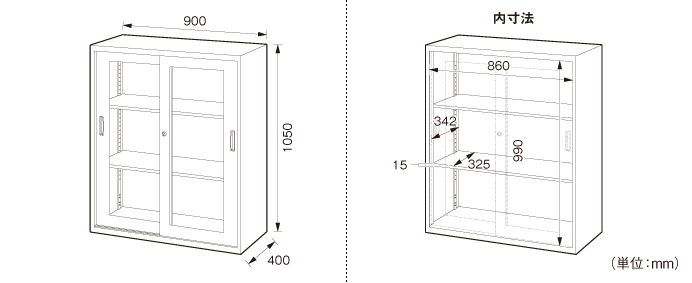 詳細外寸法（SOW-02SG：ガラス引違い書庫）