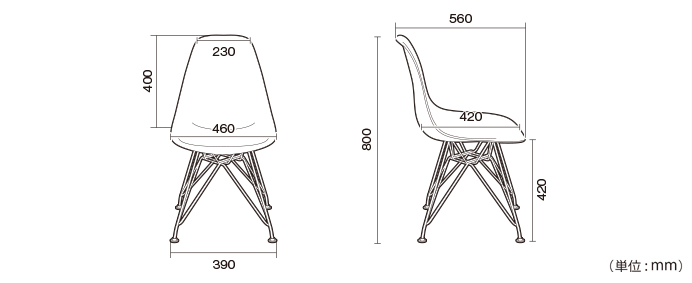 詳細外寸法（BT-1401SIL：デザインシェルチェア DSR）