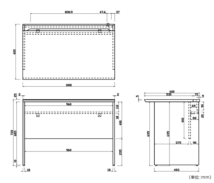 詳細外寸法（RY-WD1060：ユピタ ウッドデスク）