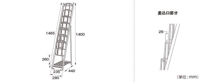 網棚付きパンフレットラック 1列7段タイプ（PR-07）の詳細外寸法