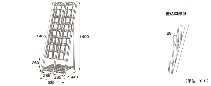 網棚付きパンフレットラック 2列7段タイプ（PR-14）の詳細外寸法