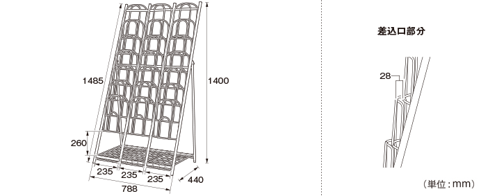 網棚付きパンフレットラック 3列7段タイプ（PR-21）の詳細外寸法