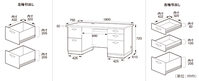 国産役員用両袖デスク（MKV-1875DW）の詳細外寸法