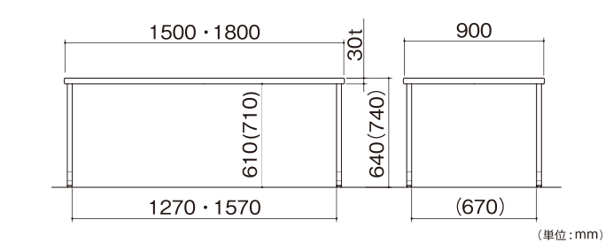 スペーサー脚木製テーブル（IR-DWT-1590-WSH）の詳細外寸法