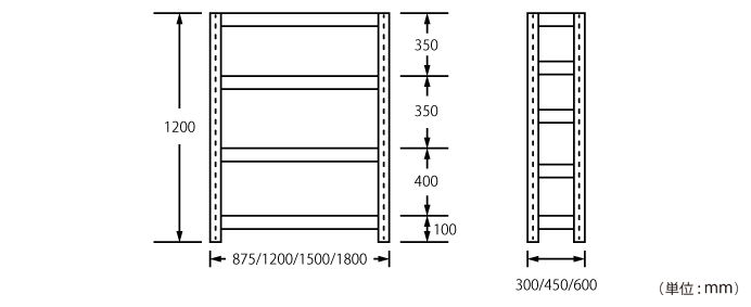 詳細外寸法（A4360-4：4段軽量スチールラック）