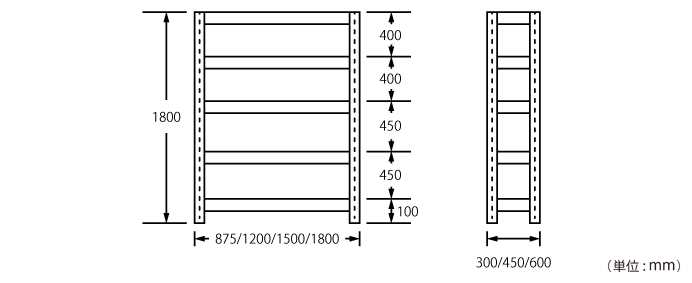詳細外寸法（A6445-5：5段軽量スチールラック）