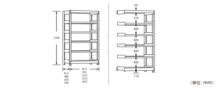 詳細外寸法（3MS7660-6：6段中量スチールラック）