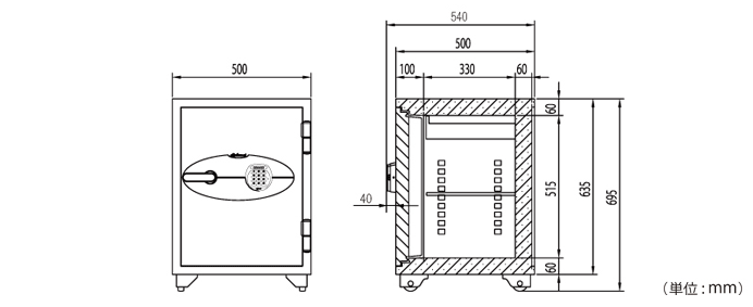 詳細外寸法（DM-070EKR3：ダブルロック式 オフィス用耐火金庫）