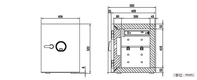 詳細外寸法（DM-DBAUM500：タッチパネル＋指紋認証式 プレミアム耐火金庫）