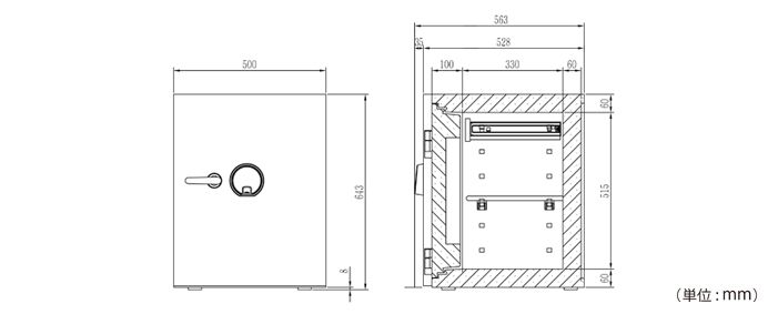 詳細外寸法（DM-DBAUM700：タッチパネル＋指紋認証式 プレミアム耐火金庫）