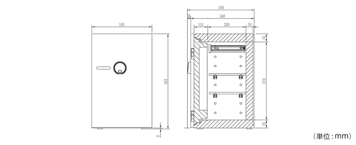 詳細外寸法（DM-DBAUM800：タッチパネル＋指紋認証式 プレミアム耐火金庫）