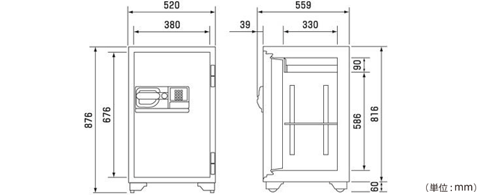 詳細外寸法（SK6770：テンキー式 耐火金庫）