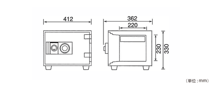 詳細外寸法（D30-1：ダイヤル式 耐火金庫）