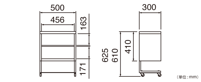 アミ棚付デスクワゴン（ND-101N）の詳細外寸法