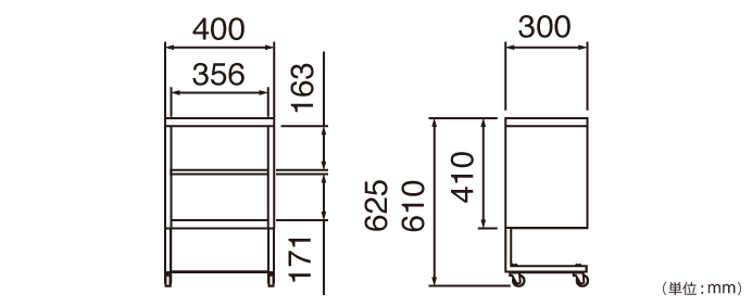 アミ棚付デスクワゴン（ND-701N）の詳細外寸法