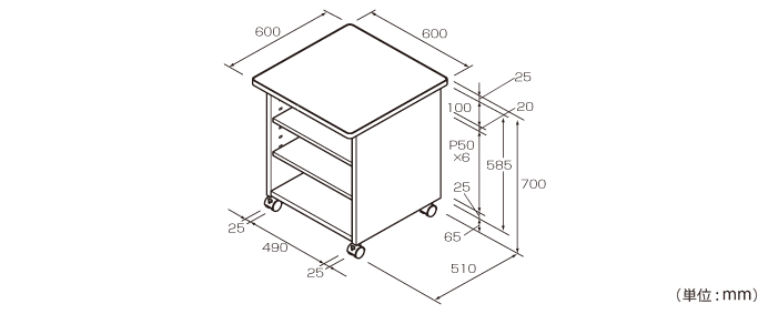プリンタテーブル ボックスタイプ（PTL-101）の詳細外寸法