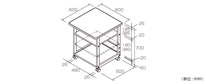 プリンタテーブル ハイタイプ（PTL-201）の詳細外寸法