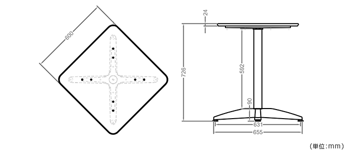 詳細外寸法（LJ-LCT60SXAA：カフェテーブル アルミ十字脚タイプ）