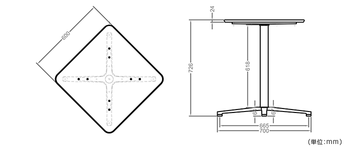 詳細外寸法（LJ-LCT60SXAB：カフェテーブル ブラックアルミ十字脚タイプ）