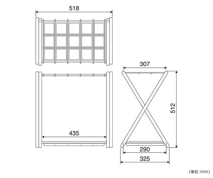 詳細外寸法（NB-ASDS15：折畳式傘立て 15マス型 ASDシリーズ）