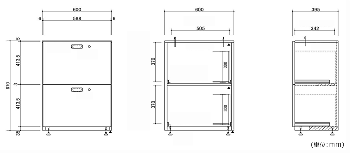 詳細外寸法（TM-L60DR-NA：引出付き2段収納棚 TMLシリーズ）