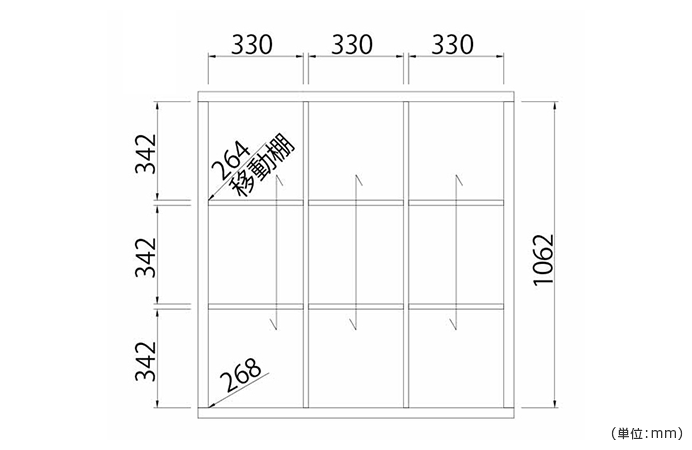 詳細外寸法（SS-FR1111SEP：木製3列3段フリーラック SEPシリーズ）